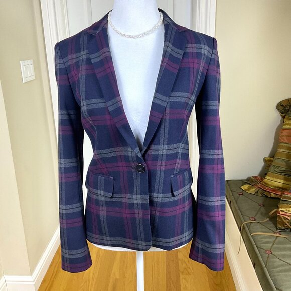 Express Blazer Plaid Single Breasted Single Button Blue Purple Gray (4) - Picture 1 of 7